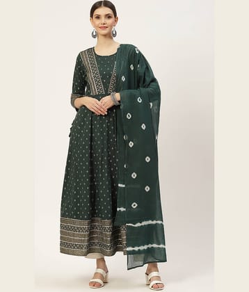 Kbz - Green Cotton Women's Flared Kurti with Dupatta ( Pack of 1 )