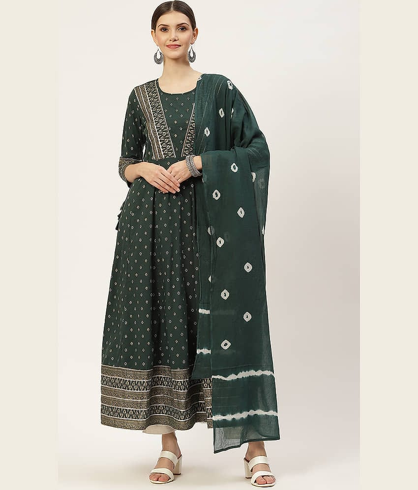Kbz - Green Cotton Women's Flared Kurti with Dupatta ( Pack of 1 )