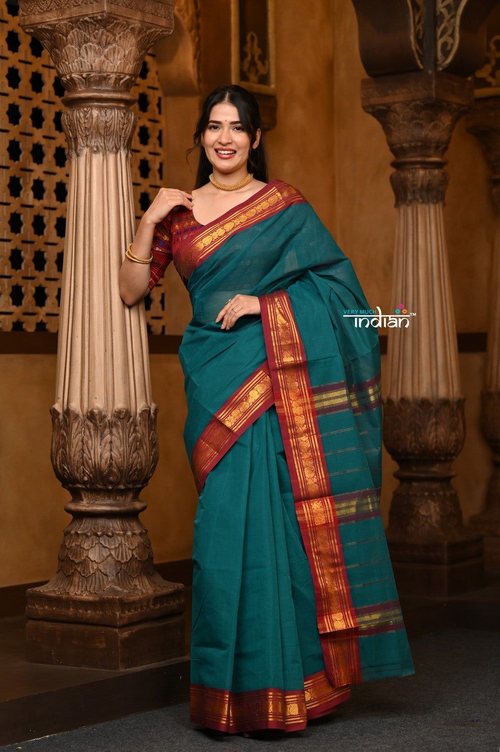 Parampara ~ Pure Cotton Saree in Regal Peacock Blue Green with Exclusive Zari Border & Pallu