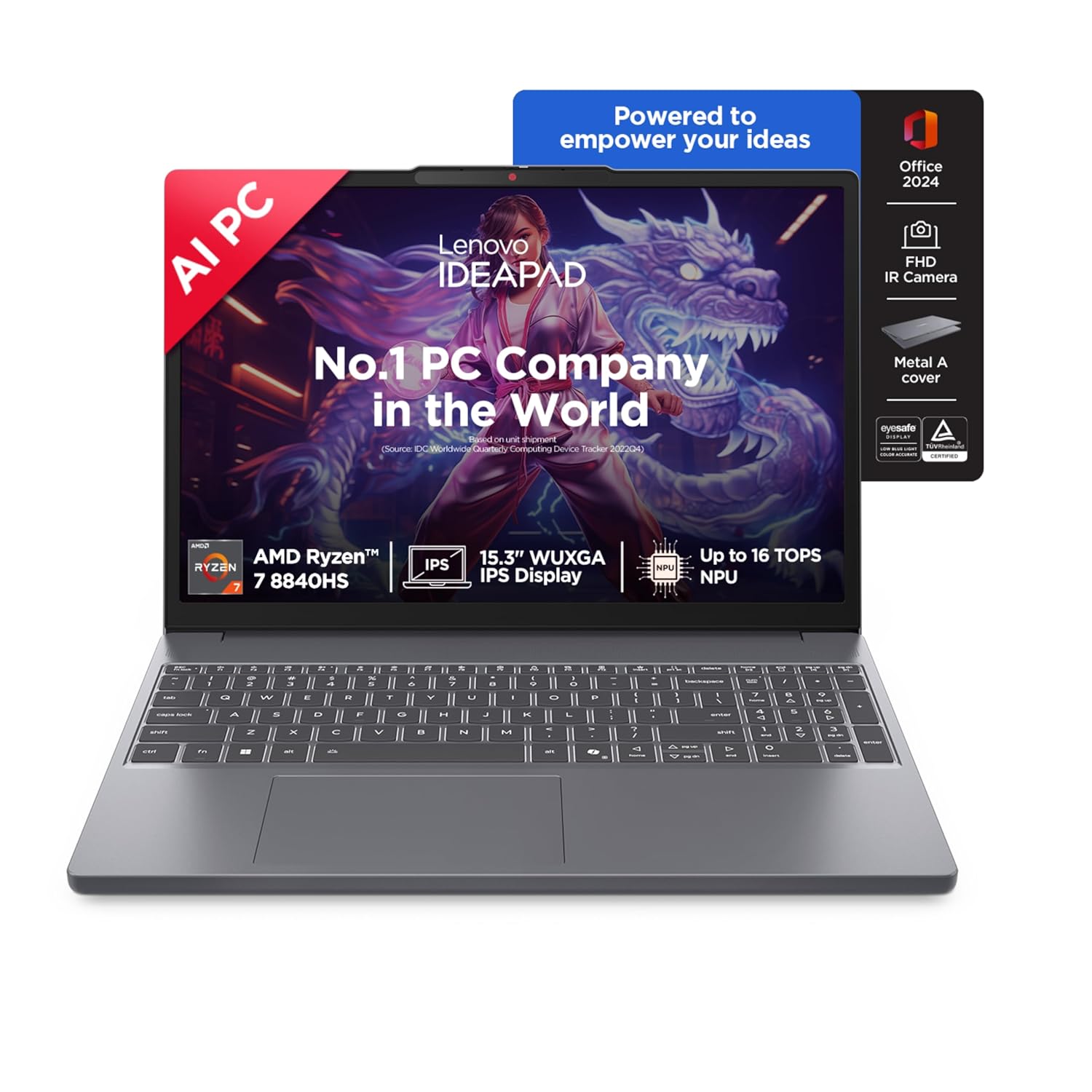 Lenovo IdeaPad Slim 3, AMD Ryzen 7 8840HS, 24GB RAM, 1TB SSD, WUXGA IPS, AI PC, 15.3"/38.8cm, Backlit Keyboard, Windows 11, Office Home 2024, Grey, 1.6Kg, 1Yr ADP Free, 83KA004TIN, AI Powered Laptop Lenovo IdeaPad Slim 3, AMD Ryzen 7 8840HS, 24GB RAM, 1T