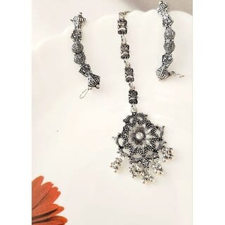 Oxidized silver- plated White stone maangtika  Earcuff Combo (set pack of 1)