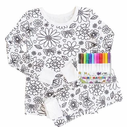 Arni Arts Magic Coloring Pajama Set Top and Bottom with Floral Flutter Print and 12 Washable Markers for Kids Age 4 to 5 Years