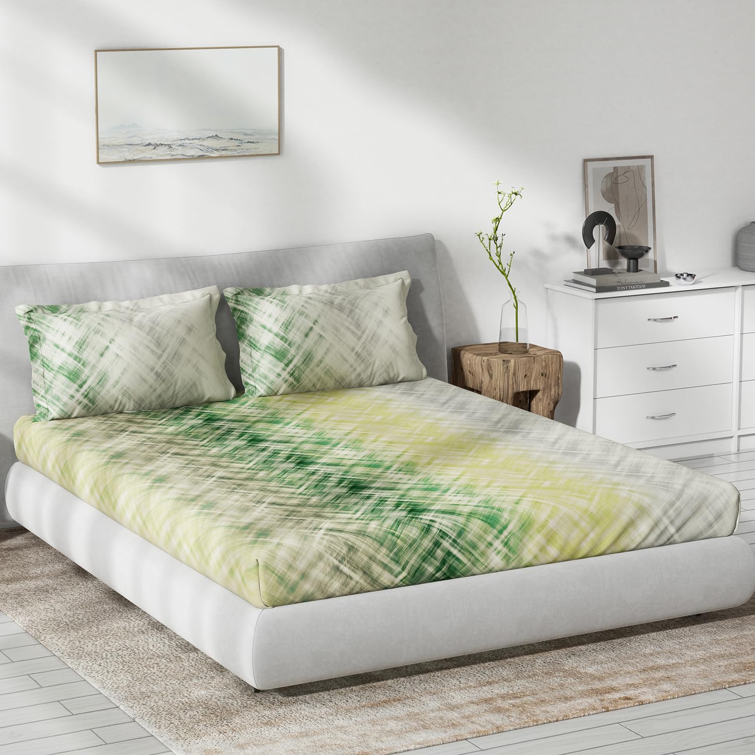 DDECOR - Primary Collection 100% Cotton Abstract Pattern 145TC King Bedsheet |229 CM X 274 CM| Green