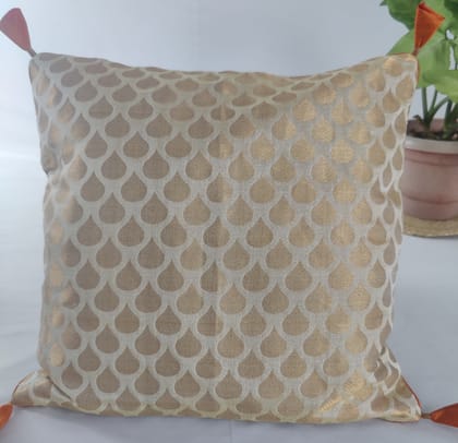 Set of 2 Decorative Gold Brocade Cushion Covers with Piping and Tassels