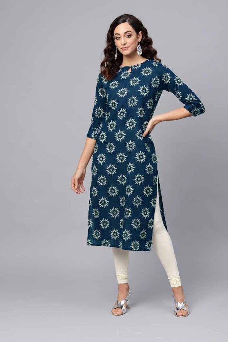 Printed Navy Blue Cotton Fabric Kurti VCK1052
