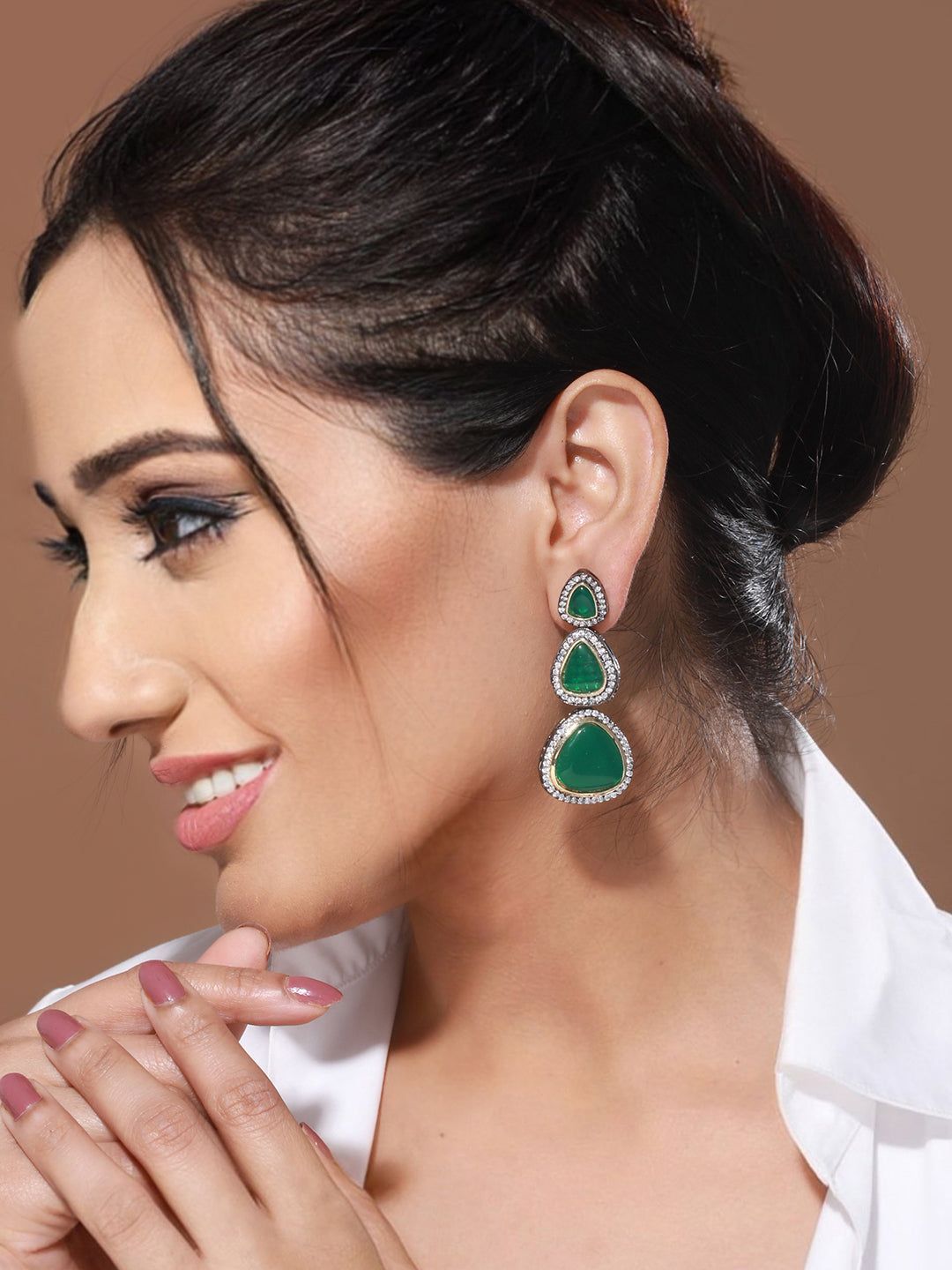 Gold Oxidised Green AD Handcrafted Designer Earrings