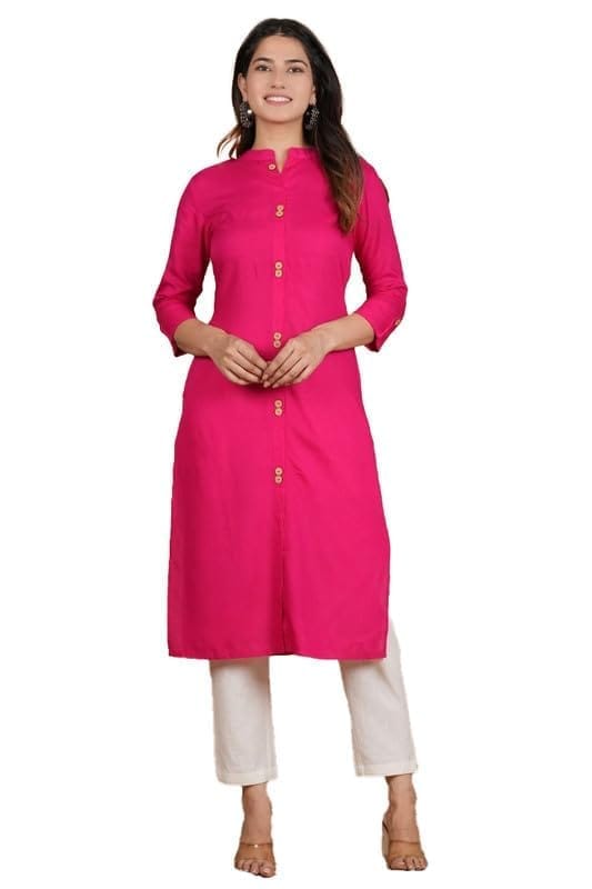 Women's Solid Calf Length Rayon Kurti (Pink, M)-PID46349