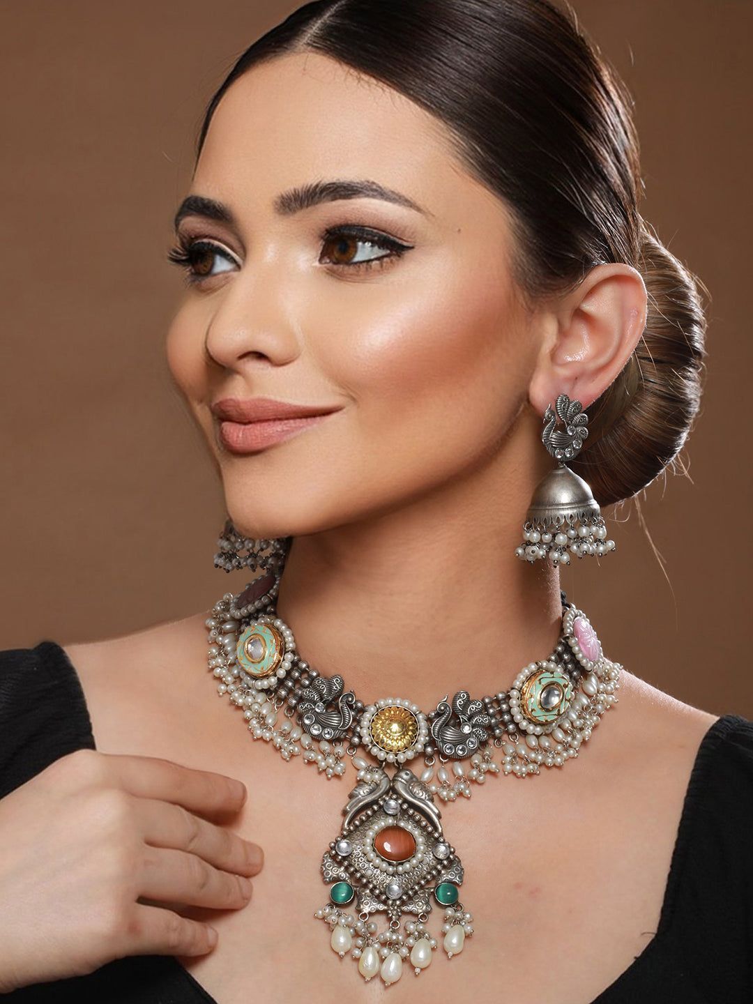 Silver Oxidised Kundan Studded & Pearl Beaded Fusion Statement Jewellery Set