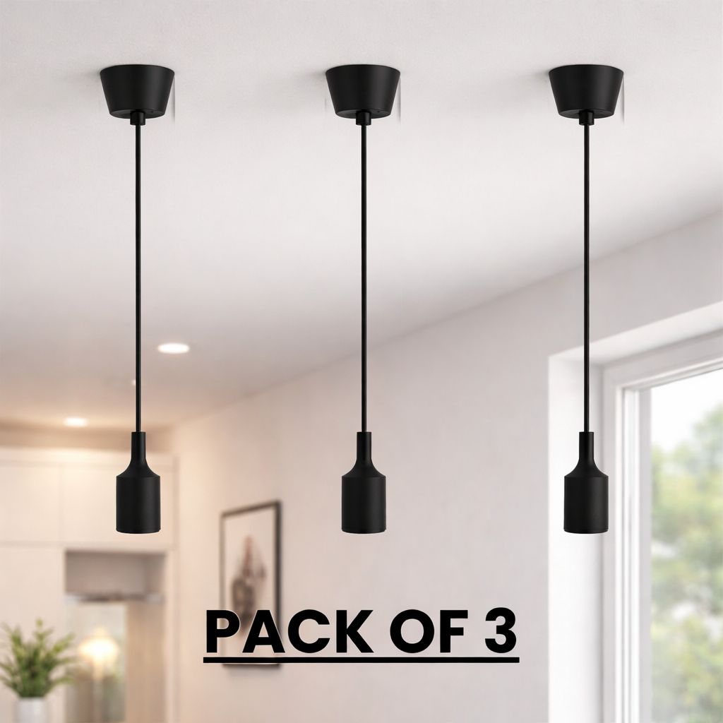 SPARKWORLD Silicone Pendant Bulb Holders Pack of 3 Hanging E27 Lamp Holders for Ceiling Decor, Cafes, Kitchens & Showrooms (Black)