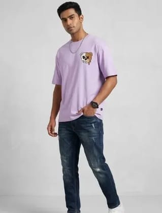 Men Trendy Lavendar Oversized Cotton Blend T-Shirt |Happiness Face Peace Sign Pocket Print Down Shoulder Loose Fit Casual Streetwear Tee For Men & Boys 