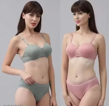 WildGirls - Bra & Panty Set Solid Pink, Green Lingerie Set (Pack Of 2) - Padded Half Cup WildGirls - Bra & Panty Set Solid Pink, Green Lingerie Set (Pack Of 2) - Padded Half Cup