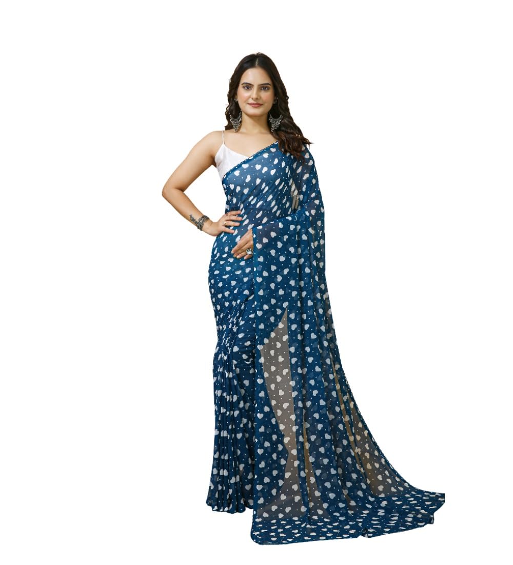 Women's Georgette Printed Saree With Unstitched Blouse 5.5Mtr (Blue)-PID63029