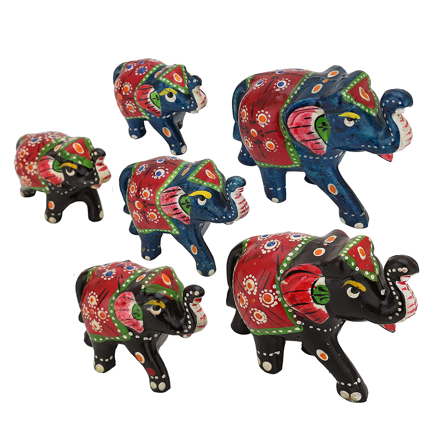 DreamKraft Paper Mache Handcrafted Elephant Showpiece Figurine (Pack of 6, Black & Blue)