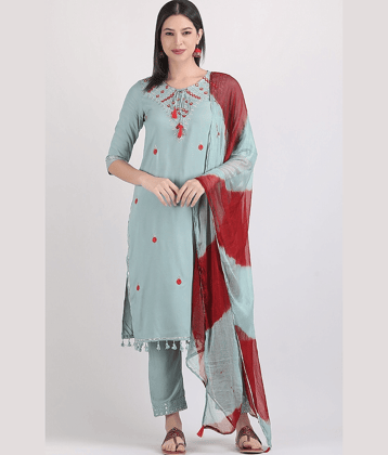 ANNEIV Women Rayon Embroidered Straight Kurti With Pants ( Light Blue )