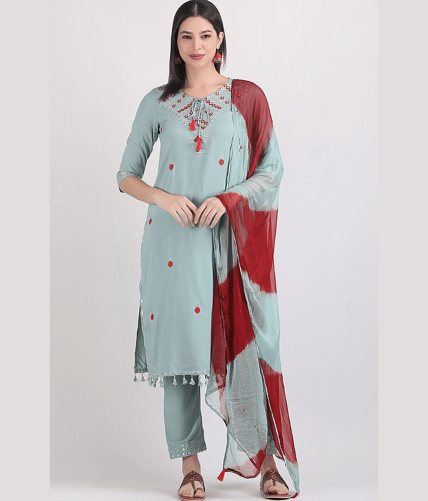 ANNEIV Women Rayon Embroidered Straight Kurti With Pants ( Light Blue )