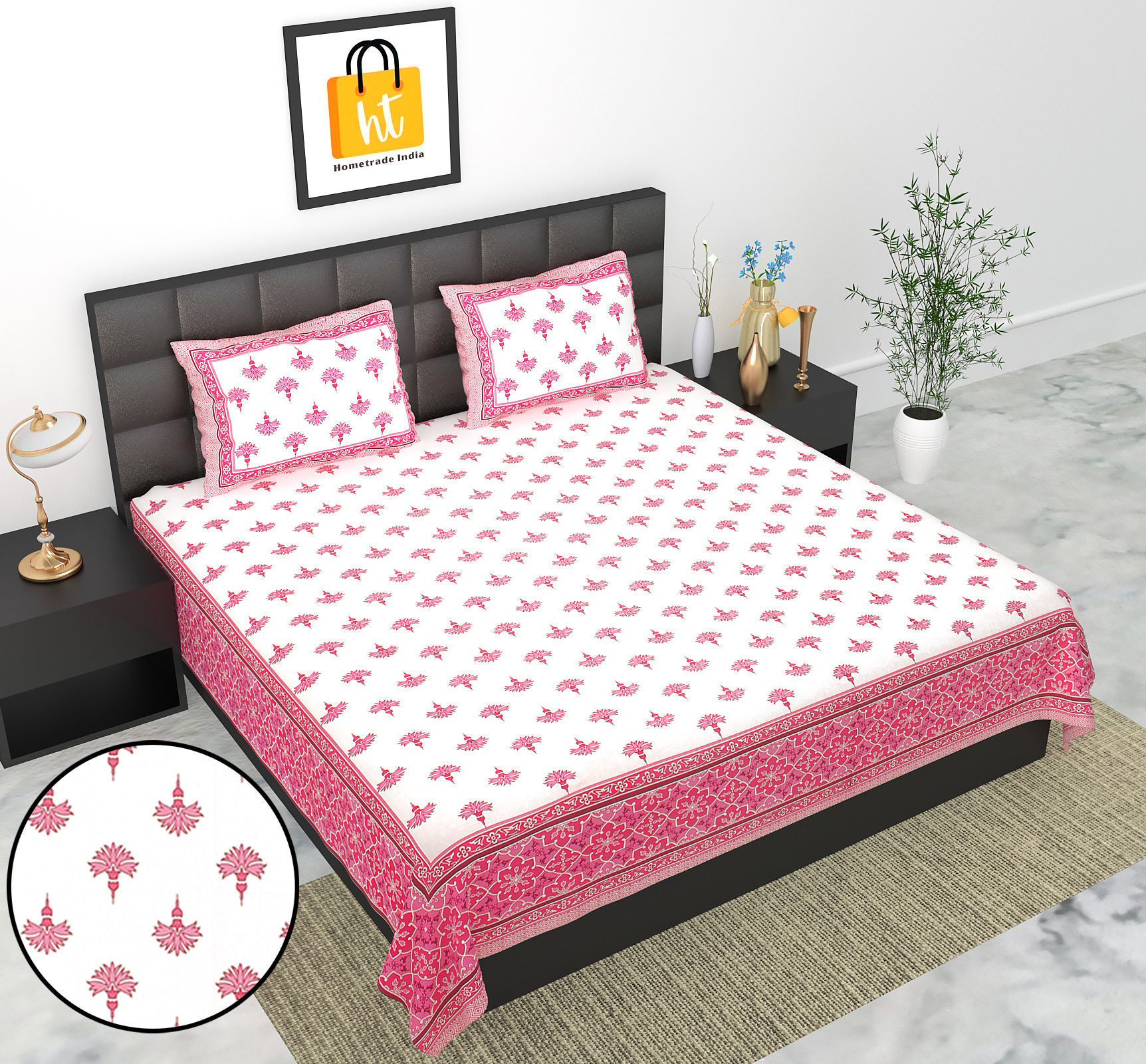 3001-Hometrade India-Standard King Size (90*108 Inches) Double Bedsheet With 2 Pillow Cover-RJ-14-Jaipur lining-3099