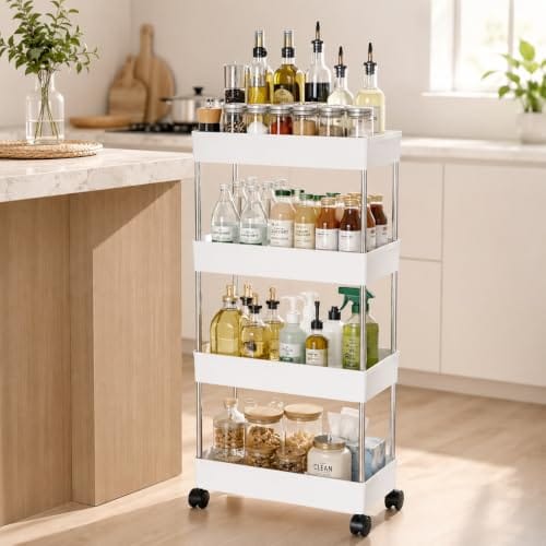 Multipurpose Plastic Trolley with Dish Rack for Kitchen Fruit Vegetable Storage Basket Organizer - 4 Layer
