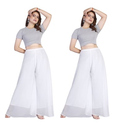 Generic Women's Georgette Solid High-Rise Wide Leg Flared Palazzo Pants with Elastic Waist, Ankle Length Trousers for Daily, Office and Casual Wear (White, S, Pack of 2, Design 67546) Generic Women's Georgette Solid High-Rise Wide Leg Flared Palazzo Pants with Elastic Waist, Ankle Length Trousers for Daily, Office and Casual Wear (White, S, Pack of 2, Design 67546)