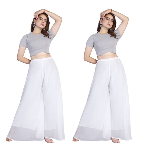 Generic Women's Georgette Solid High-Rise Wide Leg Flared Palazzo Pants with Elastic Waist, Ankle Length Trousers for Daily, Office and Casual Wear (White, S, Pack of 2, Design 67546)