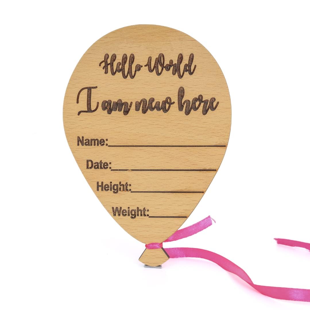The Baby First Box Wooden Baby Name Announcement Sign, Birth Announcement Sign, Baby Milestone, Baby Phootshoot Prop, Baby Shower Gift, Baby Name Revealing Board - Balloon (Pink)