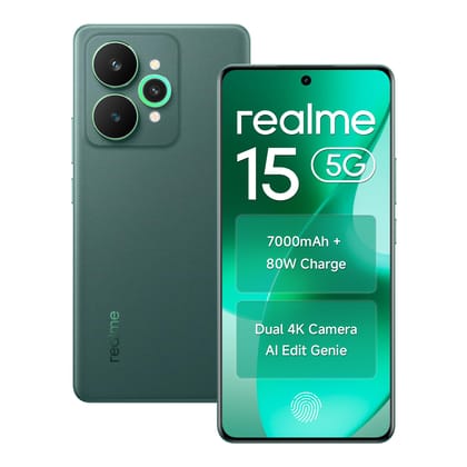 Realme 15 Smartphone 5G 128GB ROM 8GB RAM 6.8" AMOLED Display 144Hz, 7000mAh Battery 80W Fast Charge IP69 Waterproof 50MP AI Camera Green