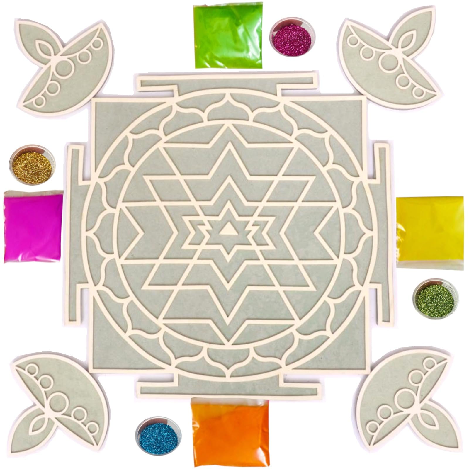 The Brown Box-Island Rangoli-Shree Yantra Diya Design Template, Rangoli Making kit with Colors and Glitter, Reusable, Portable, Floating, Readymade, Easy Rangoli Stencils, Diwali Decor.