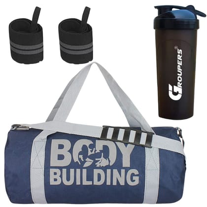 GROUPERS Duffle Canvas Bag with Shaker Bottle-700ml & Wrist BandlSports and Travel BaglSports Kitl (Blue) GROUPERS Duffle Canvas Bag with Shaker Bottle-700ml & Wrist BandlSports and Travel BaglSports Kitl (Blue)