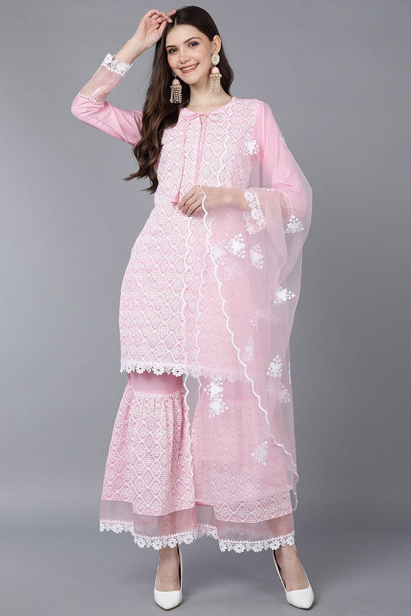 Pink Poly Silk Straight Kurta Sharara With Dupatta PKSKD1404