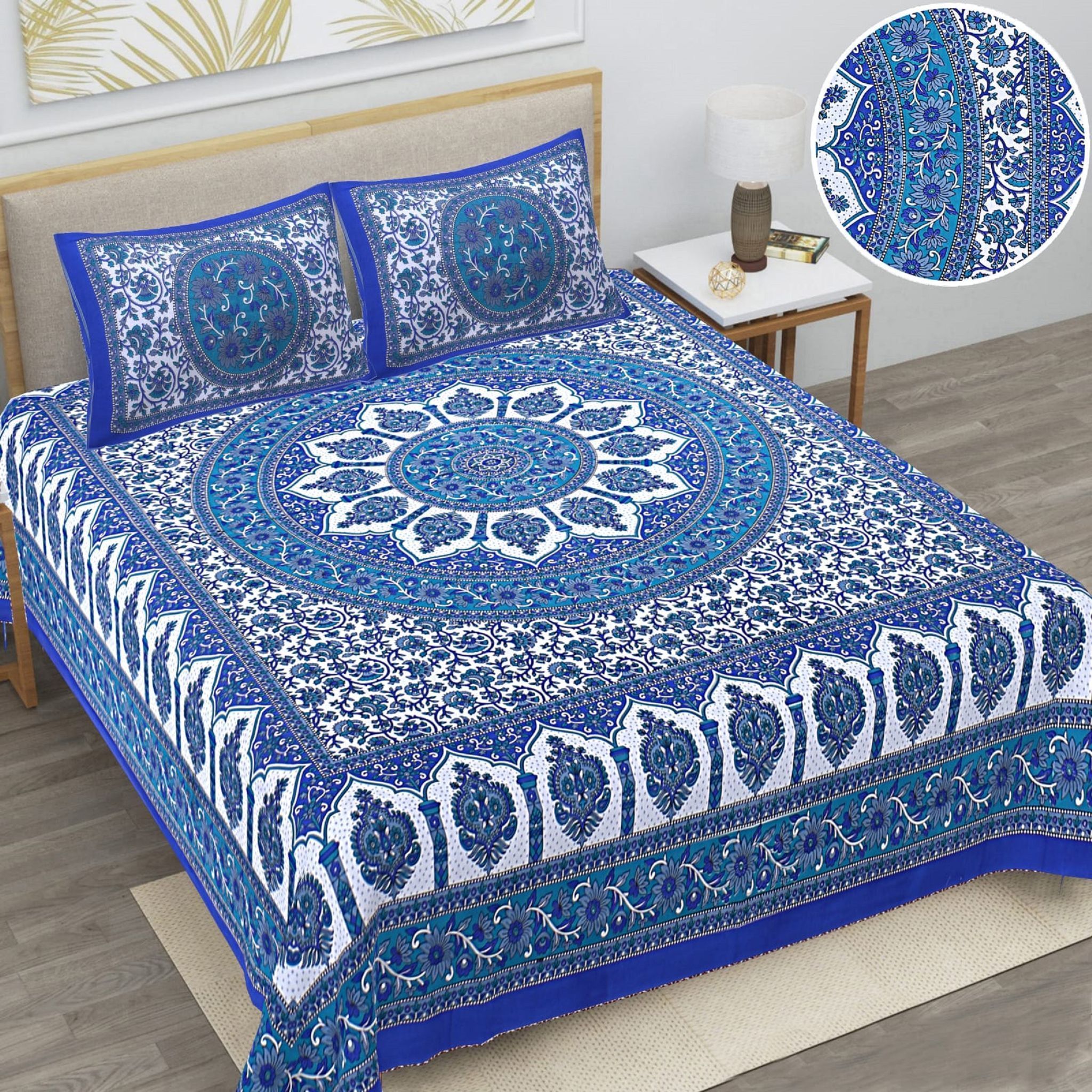 3001-Hometrade India-Standard King Size (90*108 Inches) Double Bedsheet With 2 Pillow Cover-RJ-14-Jaipur lining-3752
