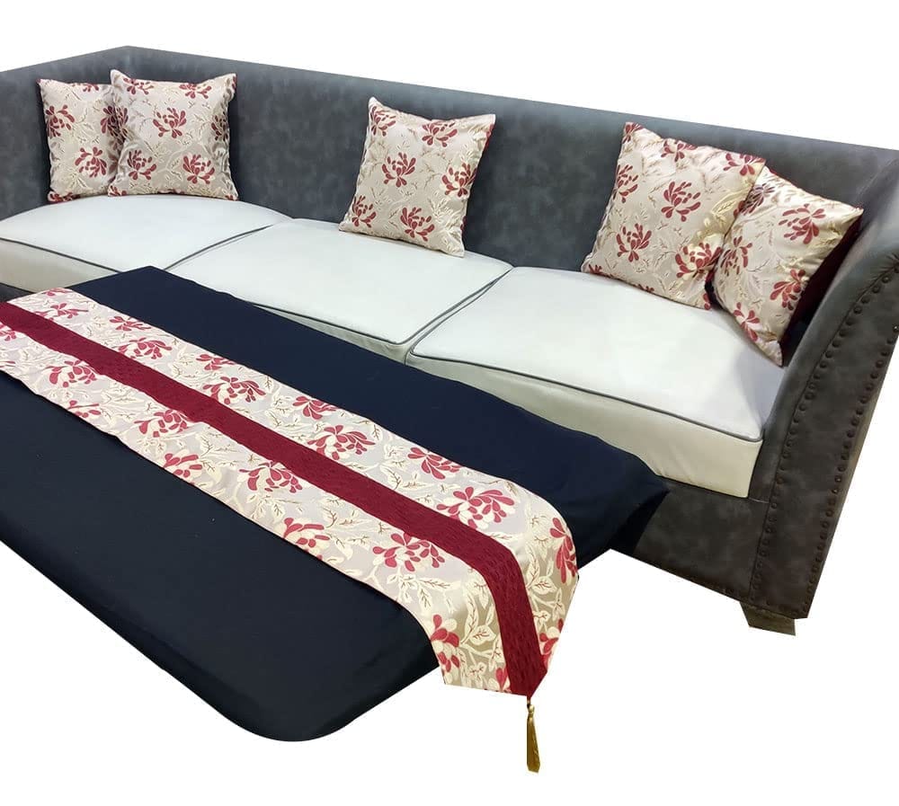 Maroon Red White Damask Floral Woven Square 5 Cushion Covers and 1 Table Runner Combo Luxury Modern Pillow Cover for Sofa Living Room Bedroom |24X24 Inch Cushion Cover I12 X 59 Inch Table Runner