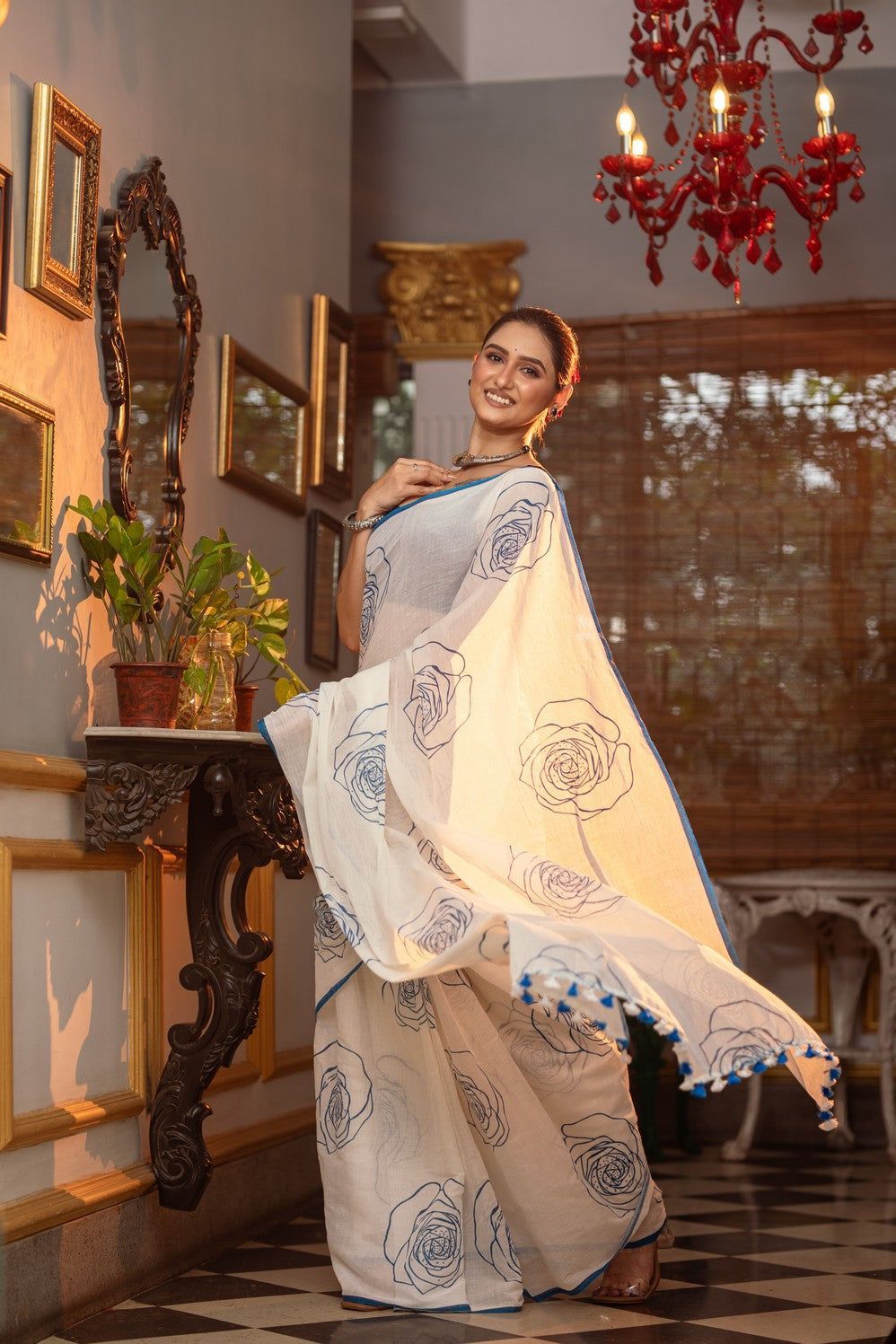 Mastaani ~ Pure Mul Cotton Handloom Saree with Beautiful Rose Prints ~ Blue