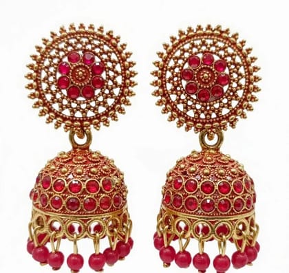 Vardaan Crystalx Stunning gold jhumkas adorned with vibrant red ruby stones and dangling beads  timeless elegance for every traditional celebration. Perfect for every women for every occasion