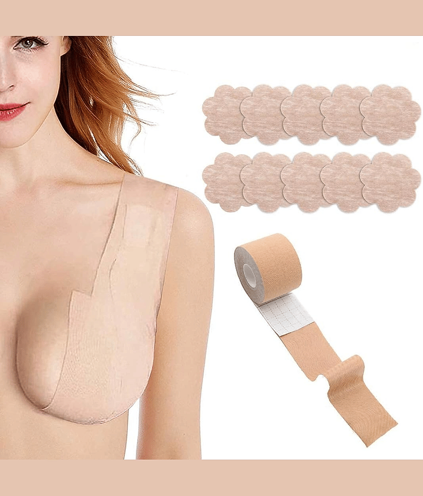 kramox Cuttable Breast Lift Tape Adhesive - Boob Tape Roll with Free Nipple Pasties 5-Metre Multipurpose Body Tape Or Women Push Up & Lifting Breast, No Show Bra, Skin Friendly Beige