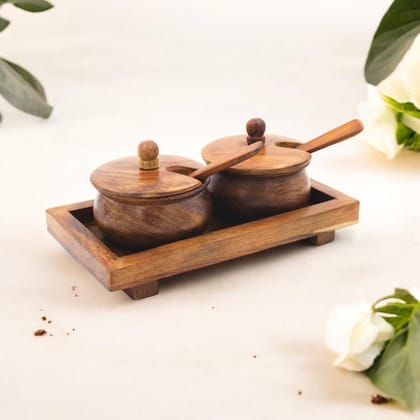 Wooden Handi Set of 2 with Tray | Dry Fruit, Spices Box for Multipurpose use for Kitchen