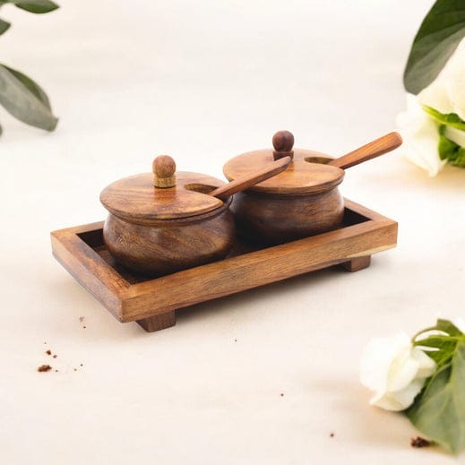 Wooden Handi Set of 2 with Tray | Dry Fruit, Spices Box for Multipurpose use for Kitchen