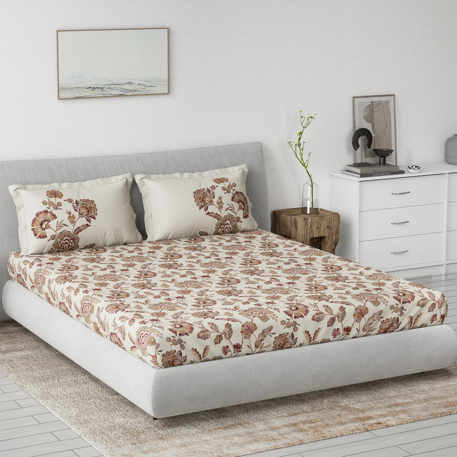 DDECOR - Primary Collection 100% Cotton Floral Pattern 145TC King Bedsheet |229 CM X 274 CM| Brown