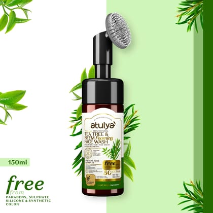 Atulya Tea Tree & Neem Foaming Face Wash with Built-in Silicone Brush | Prevents Acne - 150ml