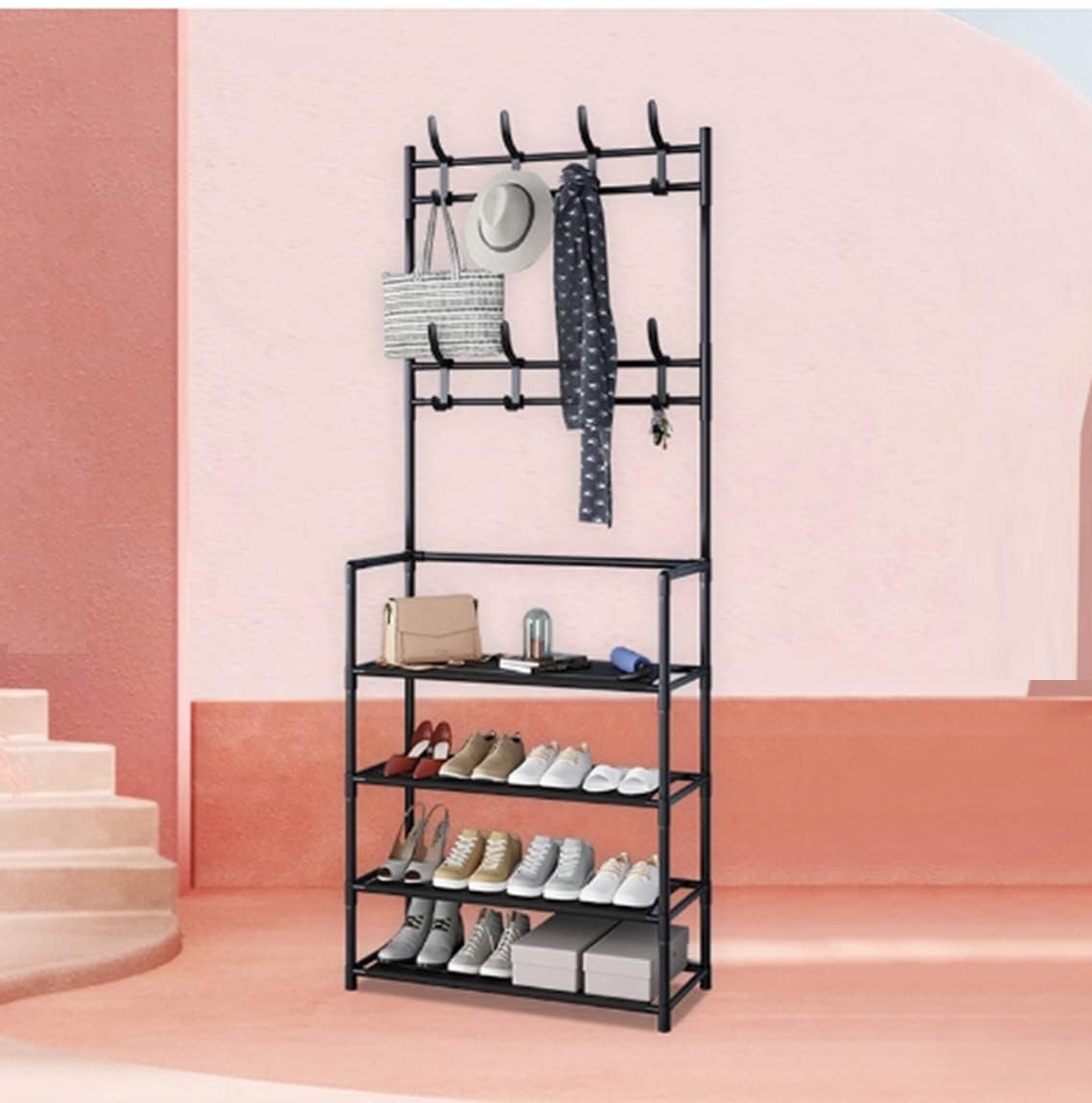 4 Bottom Shelves Shoes and Garment Metal Stand with Hooks Multipurpose Balcony Bedroom Living Room Space Organizer Storage Rack (Black/150x80x25cm)_assorted colour