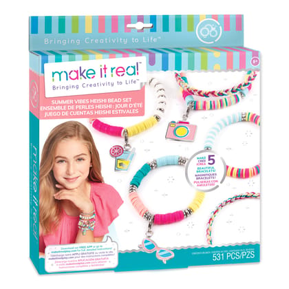 Make It Real Summer Vibes Heishi Bead Bracelets|DIY Charm Bracelet Making Kit Case|Friendship Bracelet Kit with Beads,Charms & Thread|Arts & Crafts Bead Kit for Girls|Makes 5 Bracelets|Made in India