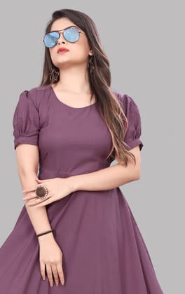 Women's Stylish Mauve Rayon A-Line Dress with Puff Sleeves Women's Stylish Mauve Rayon A-Line Dress with Puff Sleeves