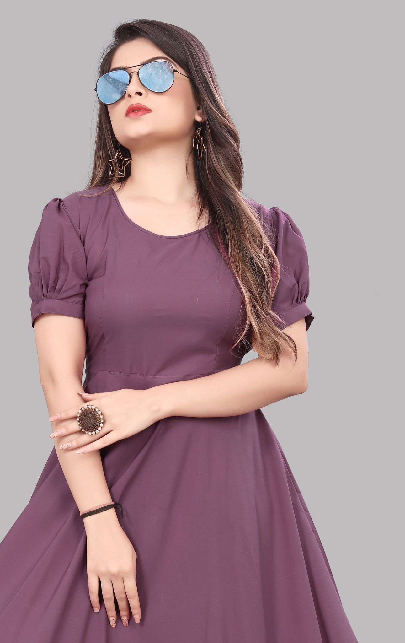Women's Stylish Mauve Rayon A-Line Dress with Puff Sleeves
