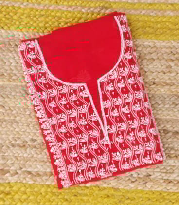 Hand-Embroidered Cotton Unstitched Kurta | Red