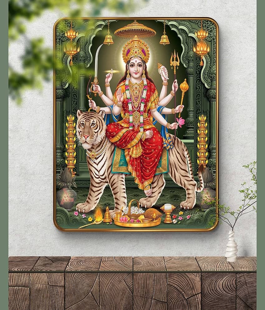 SAF Maa Durga Wall Painting on Tiger | Golden Frame Sparkle Laminated MDF Poster | Hindu Goddess Art for Home Temple Pooja Room | Shakti Devi Navratri Spiritual Wall Decoration