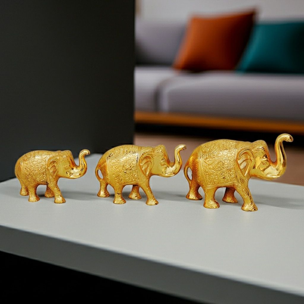 Aluminium Showpiece Elephant Set of 3 Pieces Gold Statue (ASMAS138 G)