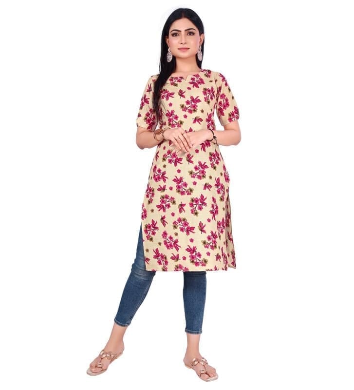 Women's Casual 3/4th Sleeve Printed Cotton Kurti (Beige, M)-PID46164