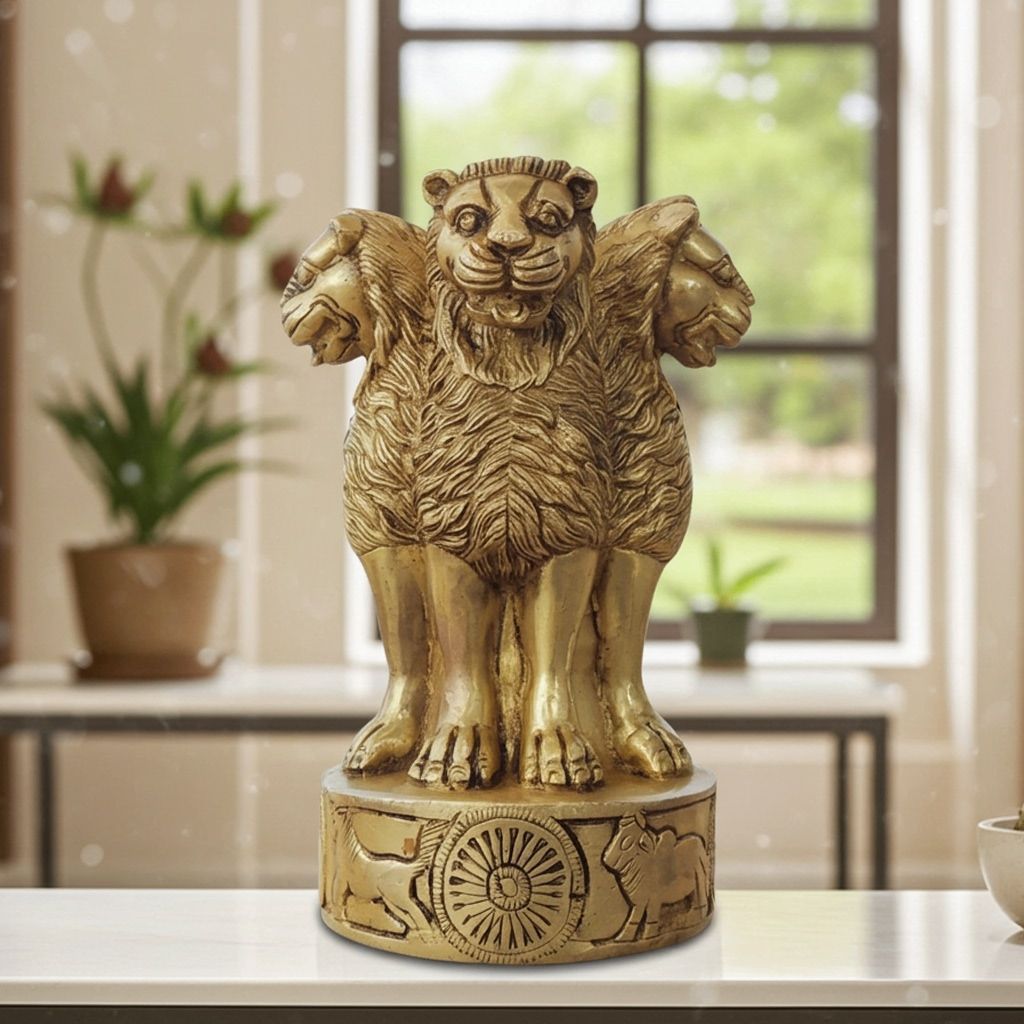 Brass Ashoka Lath Table Decor Statue - Handmade Indian National Emblem, Height : 6.5 Inch (BSMAS1723 B)