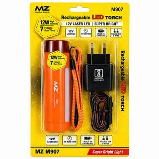 MZ M907 Rechargeable 12W Laser LED Torch  High Intensity Super Bright Flashlight with 7-Hour Runtime, Round Pin Charger