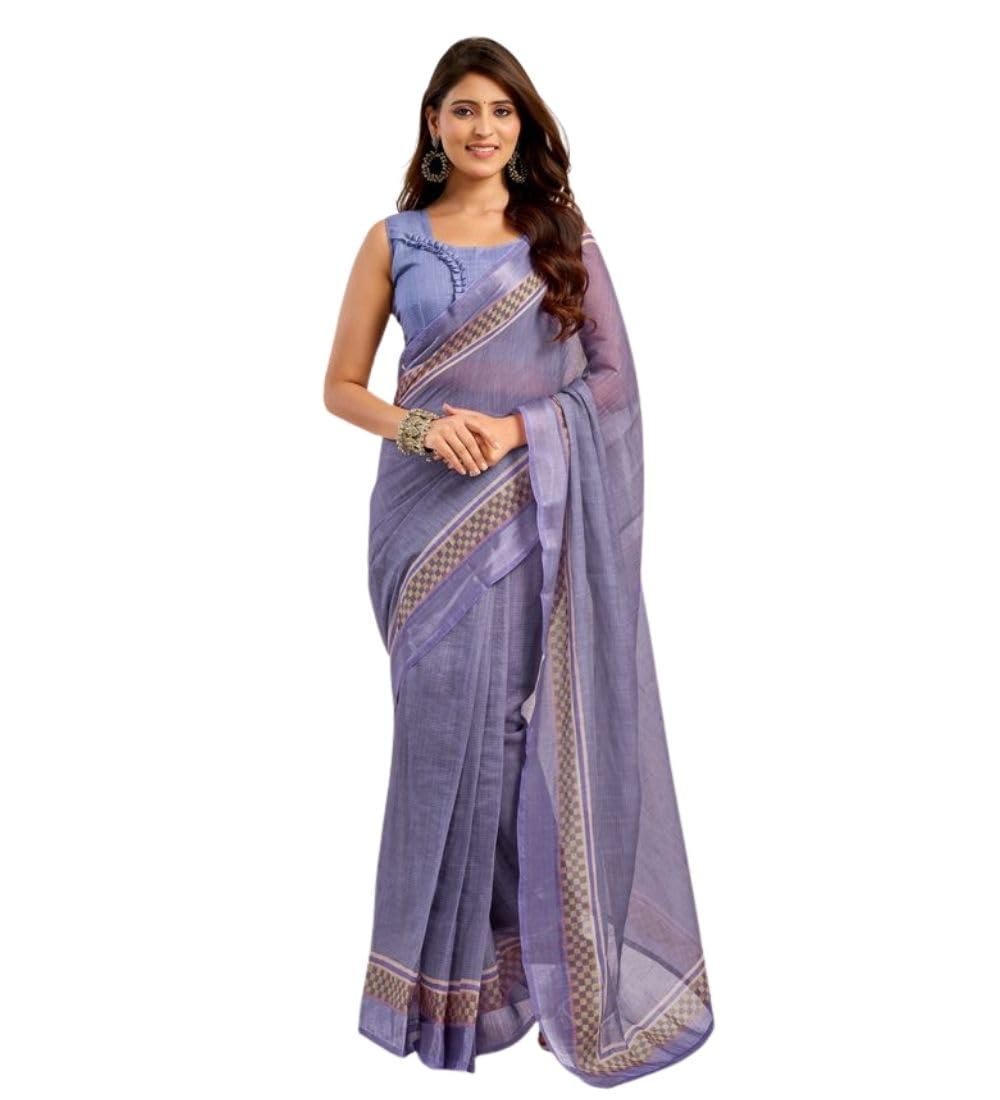 Women's Faux Linen Printed Ready to wear Saree With Unstitched Blouse 5.5Mtr (Light_Lavender)-PID65889