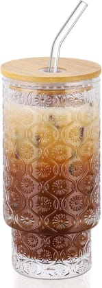 Round Glass Tumbler with Bamboo Lid and Straw 400 ML, Pack of 1 Vintage Drinking Glasses, Sipper Bottle for Cocktail, Coffee, Beverages, Iced Tea, Hot & Cold Drinks Cup Round Glass Tumbler with Bamboo Lid and Straw 400 ML, Pack of 1 Vintage Drinking Glasses, Sipper Bottle for Cocktail, Coffee, Beverages, Iced Tea, Hot & Cold Drinks Cup