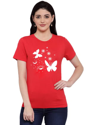 Women's Cotton Blend Butterfly With Star Printed T-Shirt S (Red)